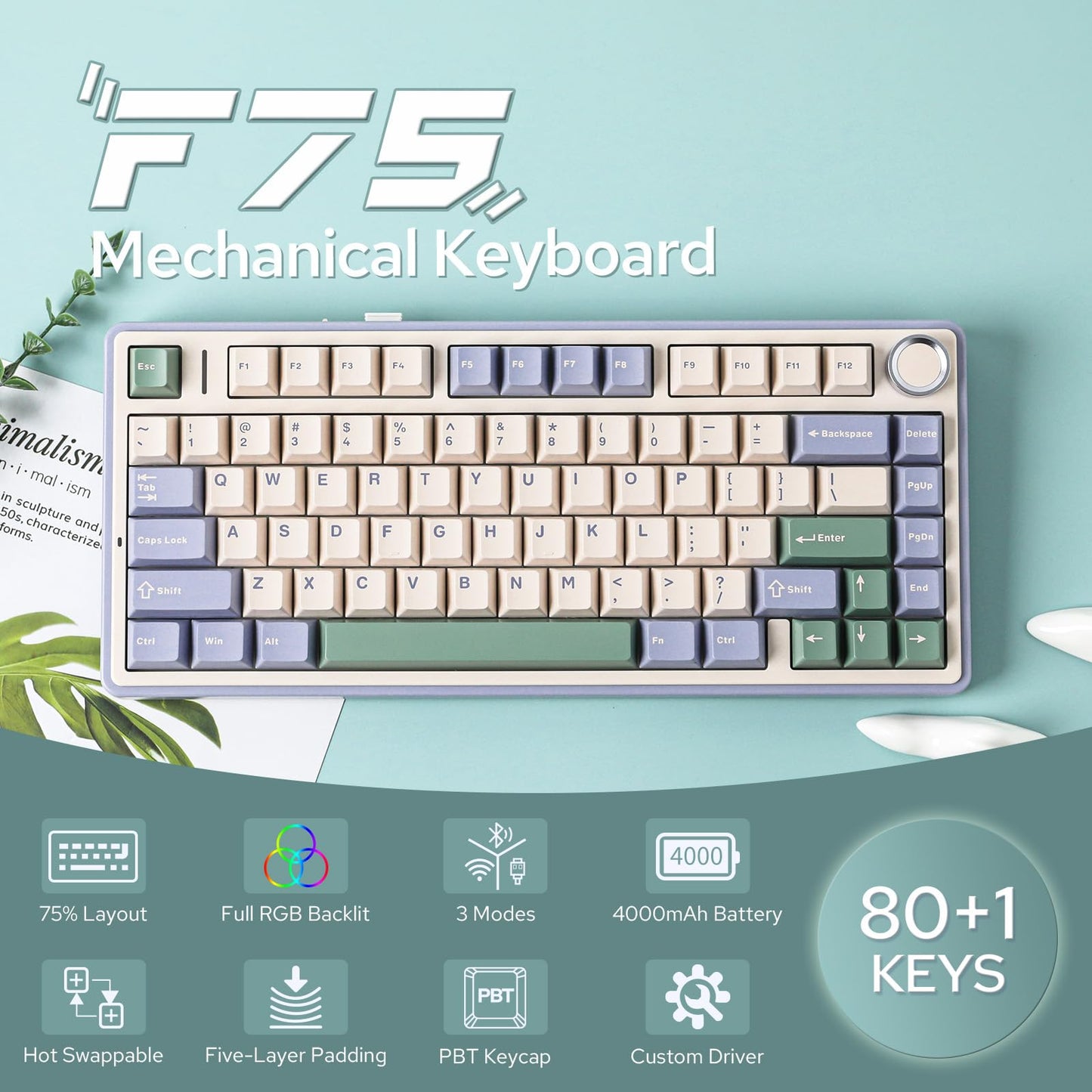 EPOMAKER x Aula F75 Gasket Mechanical Keyboard, 75% Wireless Hot Swappable Gaming Keyboard with Five-Layer Padding&Knob, BT/2.4GHz/USB-C, RGB (Green, LEOBOG Reaper Switch)