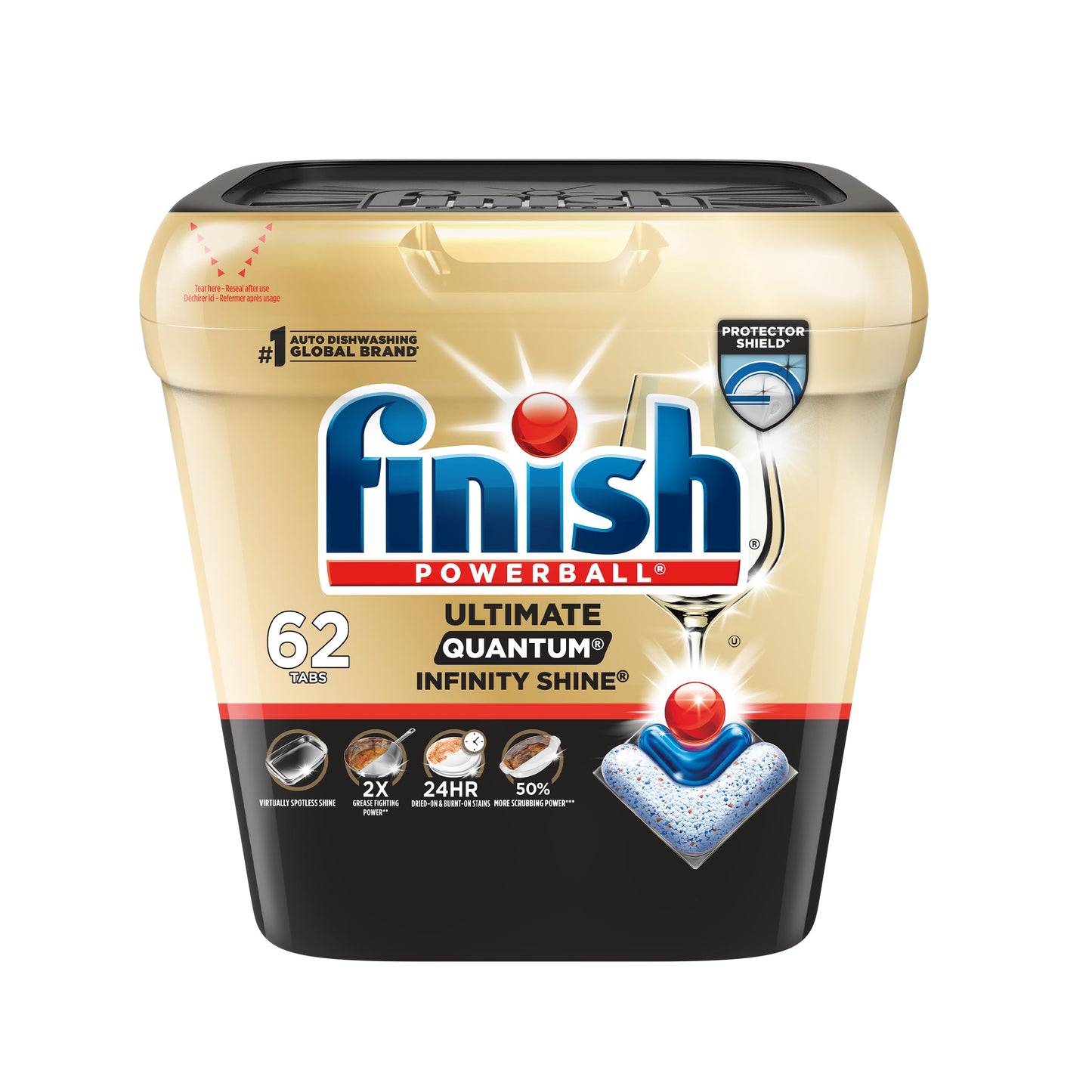 Finish Ultimate Infinity Shine Dishwasher Pods, No Pre-Rinse Dishwasher Detergent Soap Removes Burnt-On Stain, with Protector Shield & CycleSync Technology, Degreasing & Scrubbing Power, 62 Count