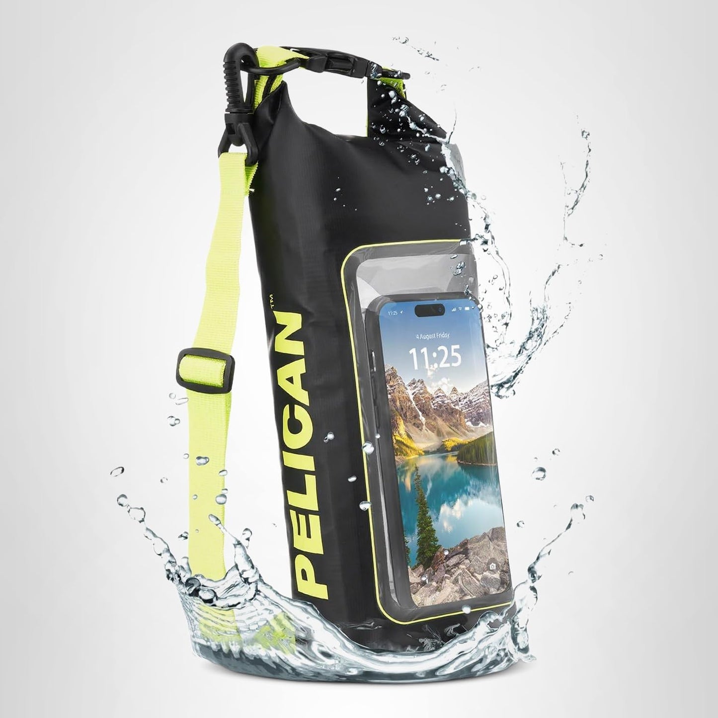 Pelican Marine IP68 Waterproof Dry Bag 2L - Roll Top Waterproof Backpack w/Phone Case/Pouch - Boating & Kayak Accessories - Essentials for Camping Swimming Beach Fishing Rafting Travel - Black/Yellow