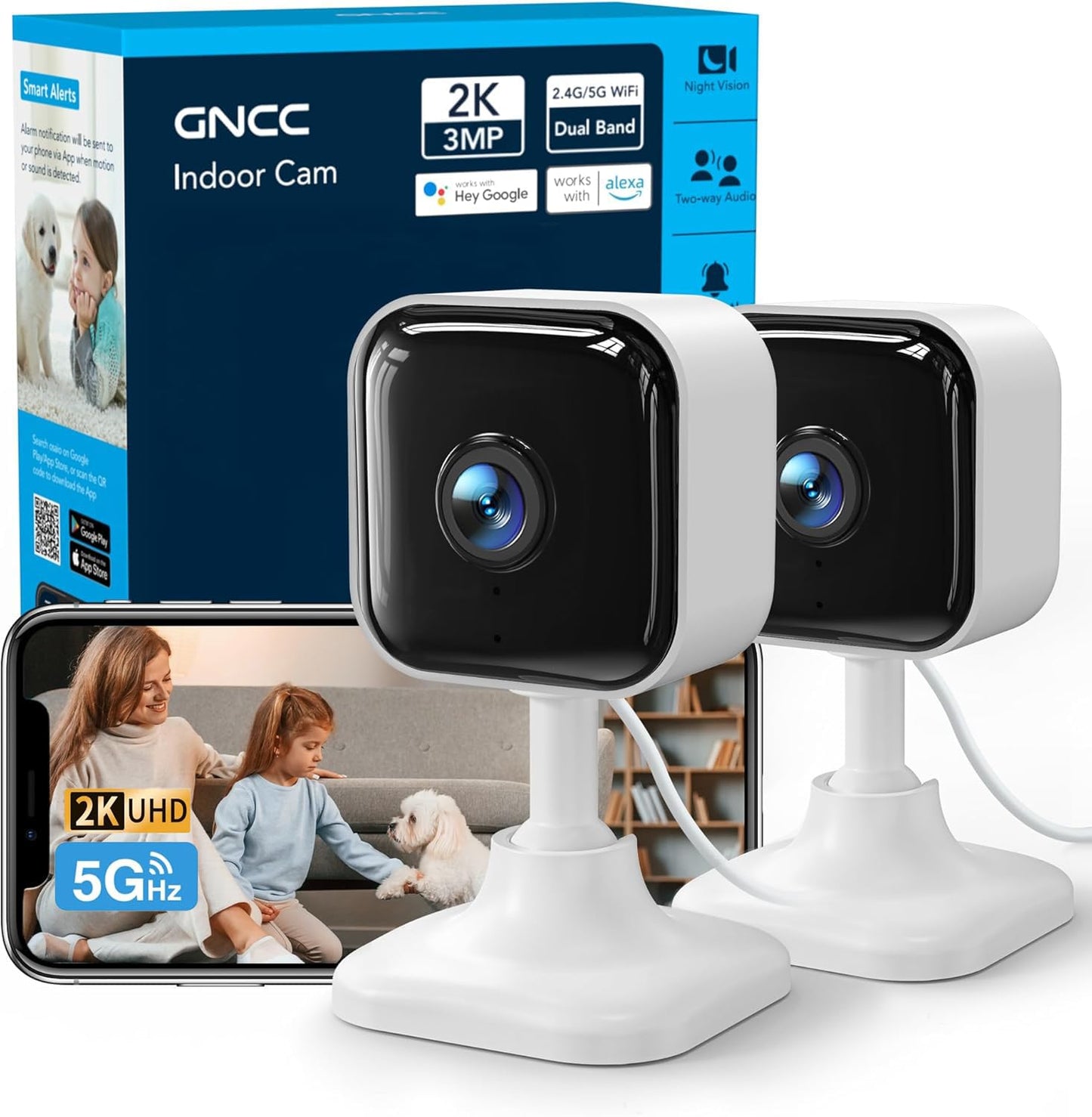 GNCC 2K Cameras for Home Security Indoor Cameras Wireless 2.4G/5G with App | Pet Cam, Dog Camera, Motion Detection, 2 Way Audio, Works with Alexa, Cloud Storage Optional, Fixed View, Plug-in, 4 Pack