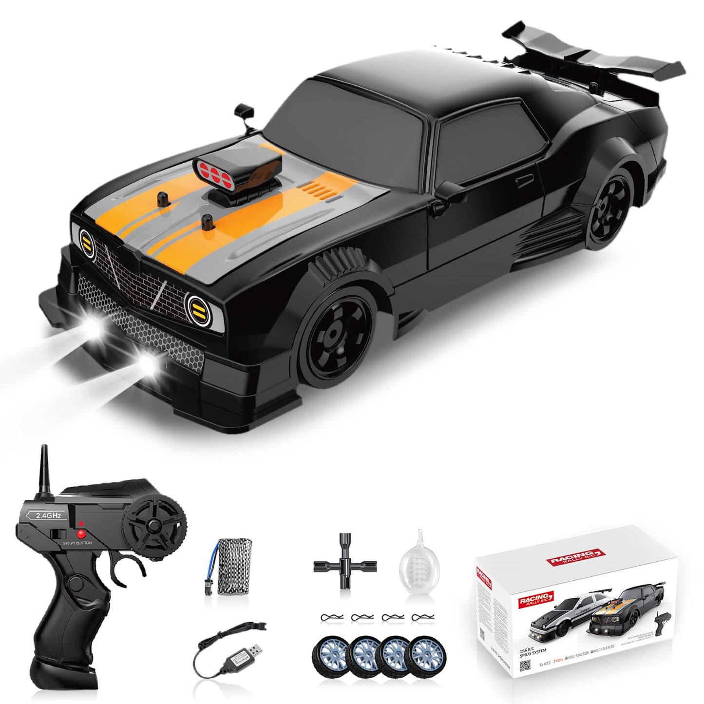 Sakeye RC Drift Car 1/16 2.4GHz 4WD Remote Control Cars, Rechargeable High Speed Drifting RC Cars with Spray, Cool Lights and Extra Tires Toy Car for Kids