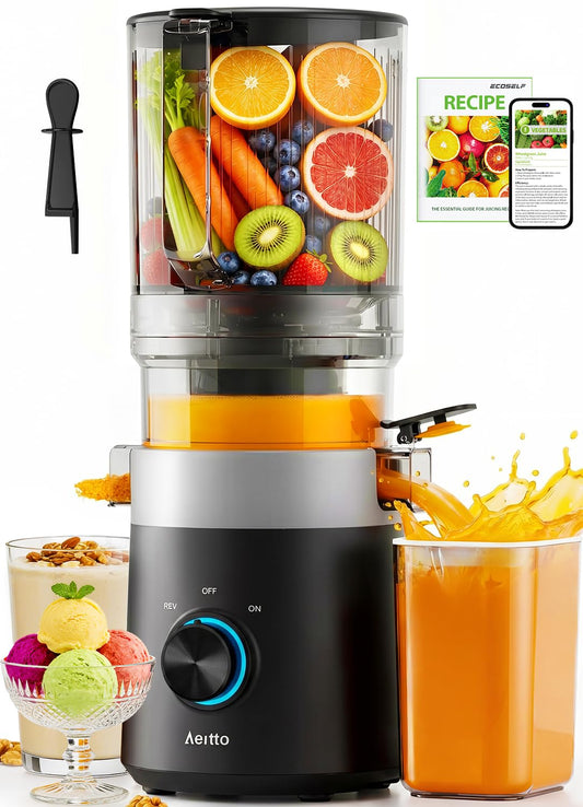 Aeitto Easy to Clean Juicer Machines With Filter-Free Design, 3-in-1 Cold Press Juicer (For Juice/Sorbet/Nut Milk), 6.0" Extra Large Chute For Whole Fruits & Vegetables, Large Capacity, With Pusher