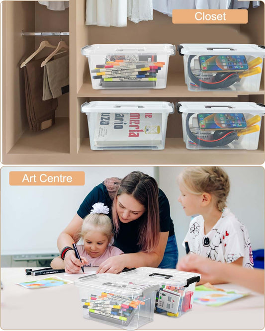 NUMIFUN Plastic Storage Bins with Lids 6 Pack Storage Organizer, 7 Quart Stackable Storage Bins with Buckle-Up Latches and Handle Storage totes easy for Home Office Pantry Organization, Clear Lids