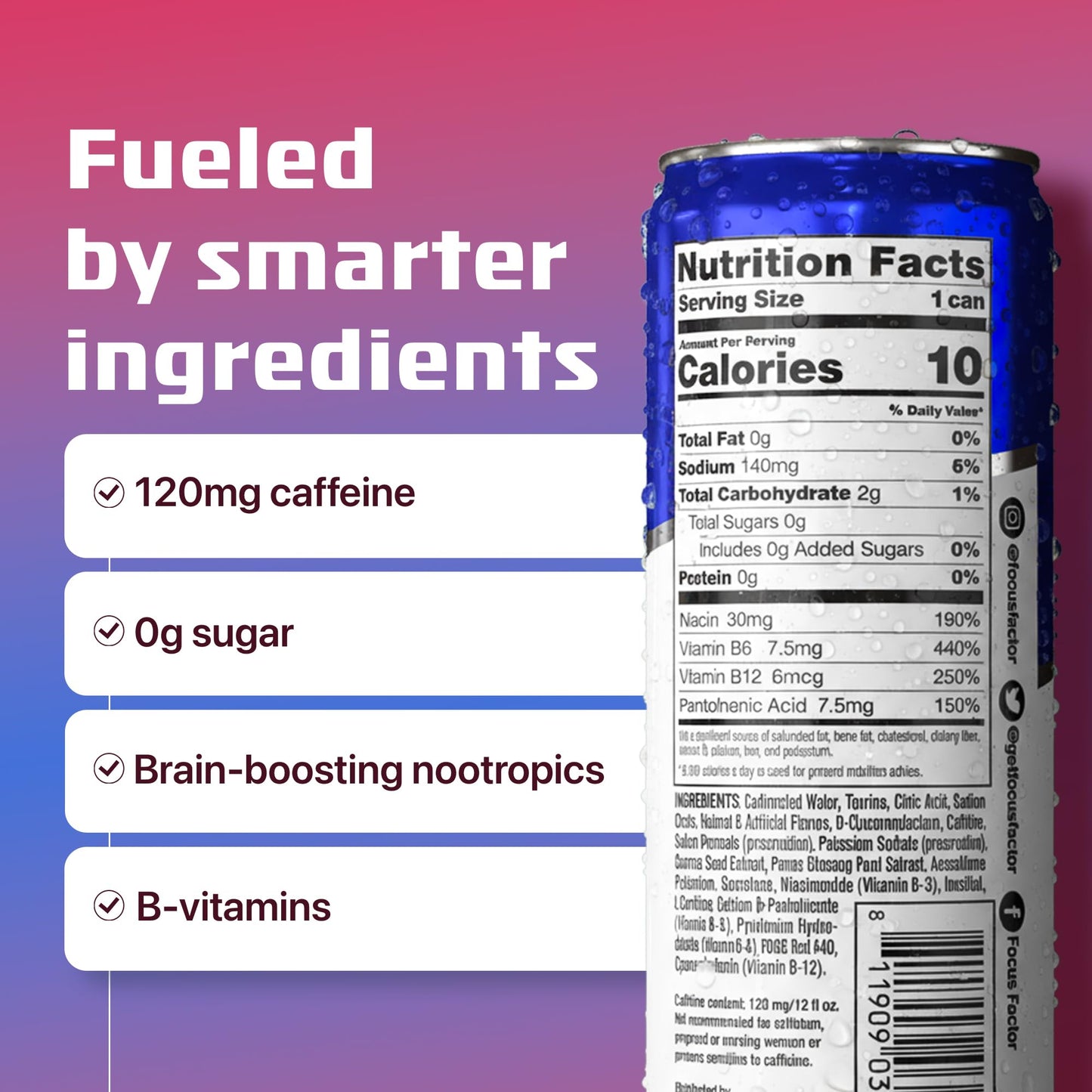 Focus Factor Energy Drink - 12 x 355ml Cans (Berry Flavour) - with Focus + Energy - Lightly Carbonated, Sugar Free, Low Calorie with Vitamins B6 & B12