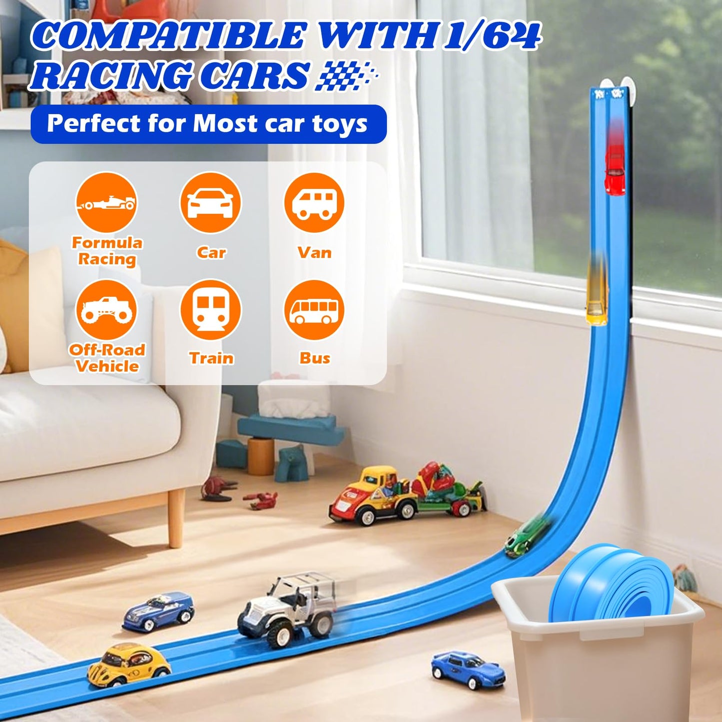 Flexible Race Track Toys for Kids: 15 Ft Flex Race Car Ramp Track with Suction Cups - Rolls Up Portable DIY Racetrack Compatible with Diecast 1/64th Cars Model - Birthday Gifts for Boys Girls Ages 3+