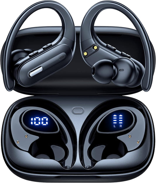 Active Noise Cancelling Wireless Earbuds Bluetooth Headphones 90 Hrs Playtime Ear Buds with Hi-Res Stereo Deep Bass Power Display Earphones with Earhooks Waterproof Transparency Headset Sports/Running