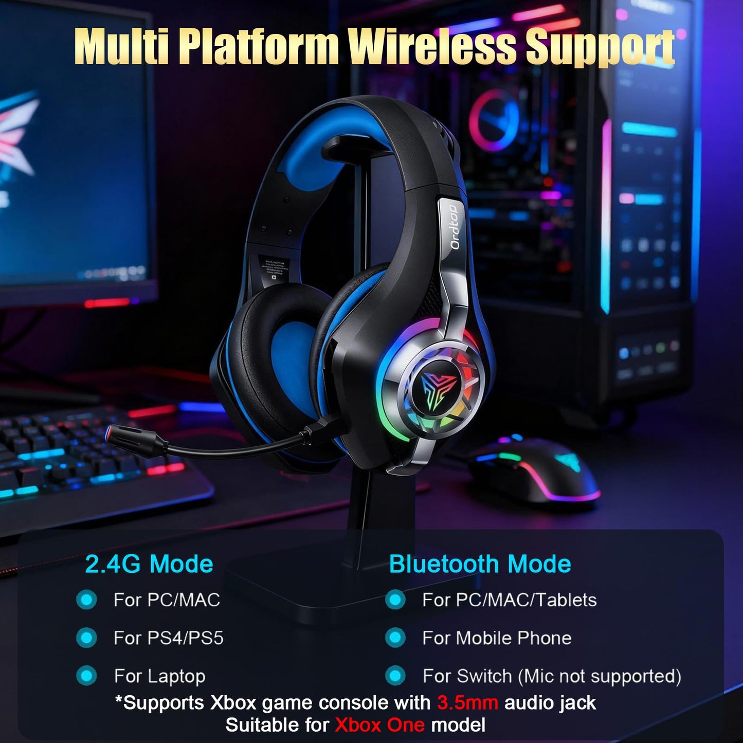 2.4GHz Wireless Gaming Headsets for PS5/PS4/PC/Switch/Xbox One, RGB Noise Cancelling Over-Ear Headphones with 7.1 Surround Sound, 40mm Drivers, 276g Ultraligero, Memory Foam, 45H Gaming Headphones