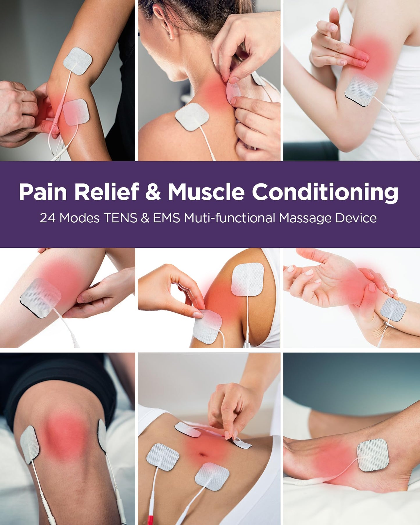 TENKER TENS Unit Muscle Stimulator, 24 Modes TENS EMS Machine for Shoulder, Sciatica, Back Pain Relief, Rechargeable Electronic Pulse Massager with 2"x2" and 2"x4" Electrode Pads