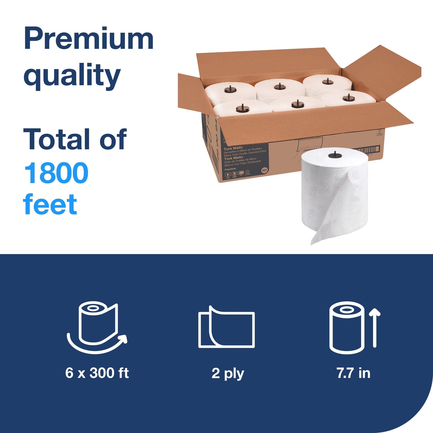 Tork Matic Extra Soft Paper Hand Towel Roll White with Blue Leaf H1, Premium, 6 Rolls x 300 ft, 290094