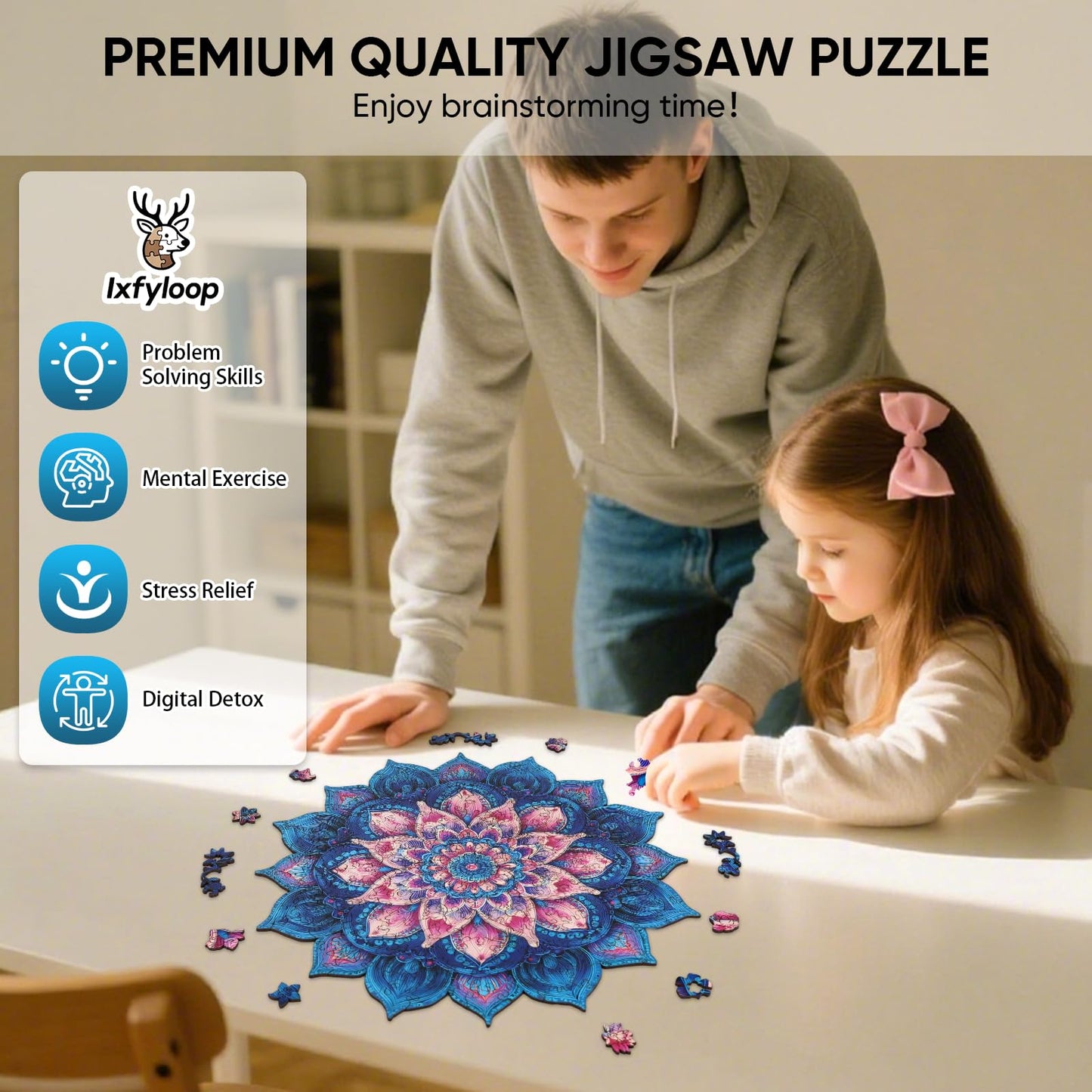Ixfyloop Mandala Wooden Puzzles for Adults 471 Pieces, Lotus Jigsaw Puzzles Mindfulness Yoga Gift for Women, Relaxing Stress Relief Wooden Puzzles, Wood Puzzles Adult 16.4x16.5 inch