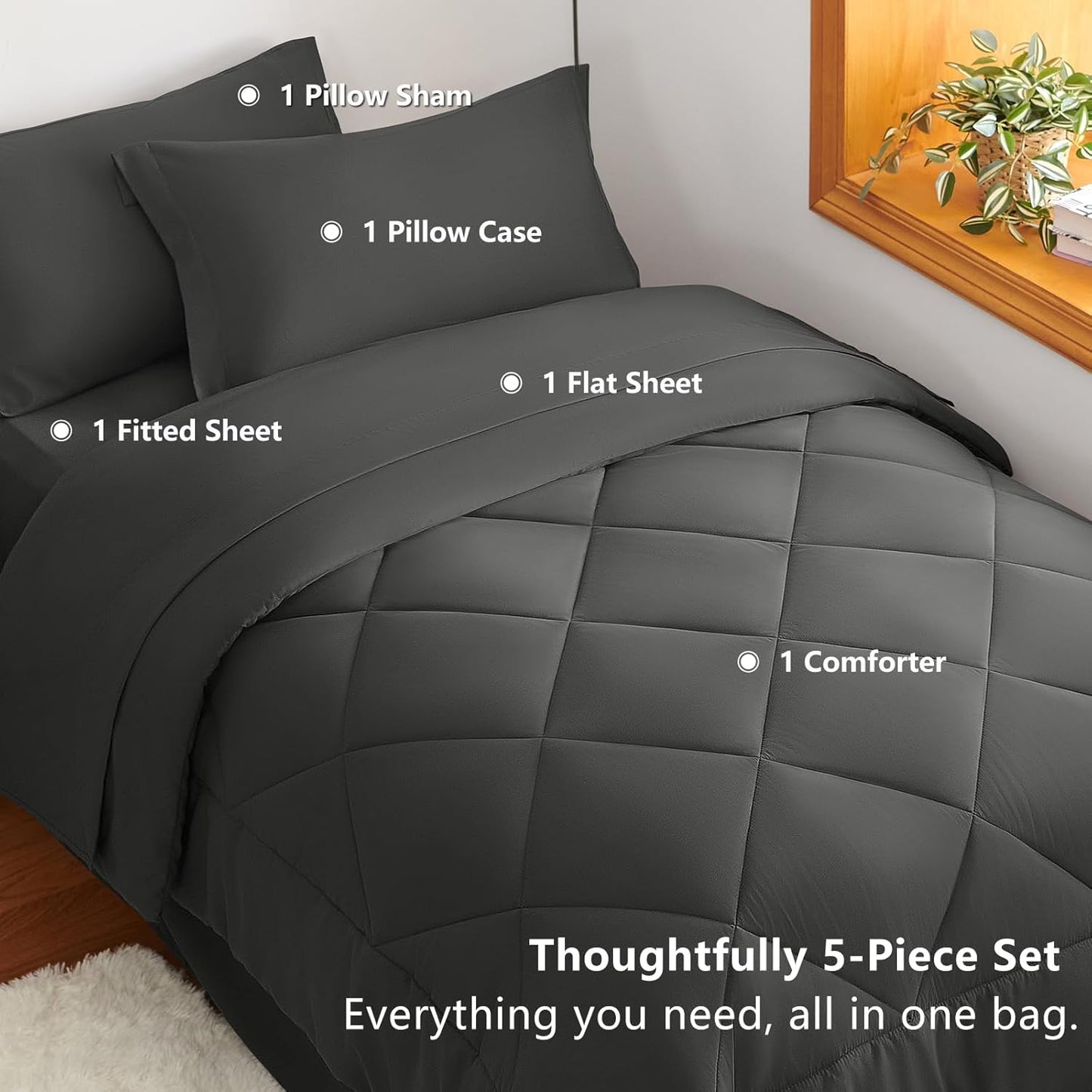 CozyLux Twin XL Comforter Set Dark Grey - 5 Pieces Twin Extra Long Bed in a Bag for College Dorm, All Season Bedding Set for Girls and Boys, Soft Bed Set with Comforter, Sheets, Pillowcase & Sham