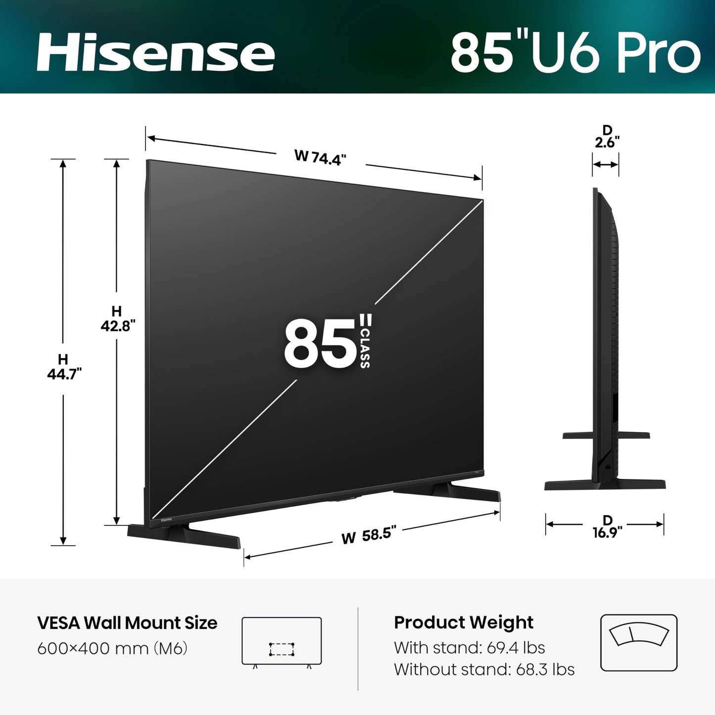 Hisense 85" U6 Pro Series Mini‑LED ULED 4K UHD HDR Gaming AI Smart Fire TV (85U6SF Pro, 2026 New) – Hi-QLED, Native 144Hz, Motion Rate 480, Dolby Vision IQ · Atmos, HDR10+, Glare-Free, Alexa+