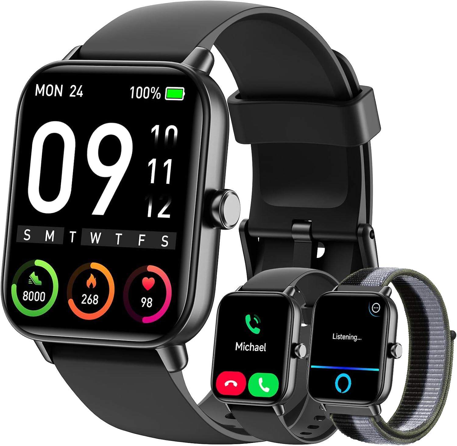 Hingso Smart Watch for Women Men, 1.85" Fitness Tracker for Android/iPhone | Bluetooth Call & Text Alert, Alexa Built-in, 24/7 Heart Rate/SpO2/Sleep/Cycles Monitor, 120+ Sports, IP68 Waterproof, 2 Bands