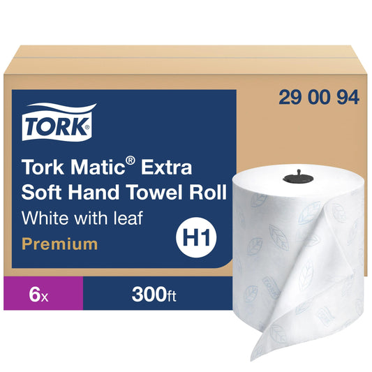 Tork Matic Extra Soft Paper Hand Towel Roll White with Blue Leaf H1, Premium, 6 Rolls x 300 ft, 290094