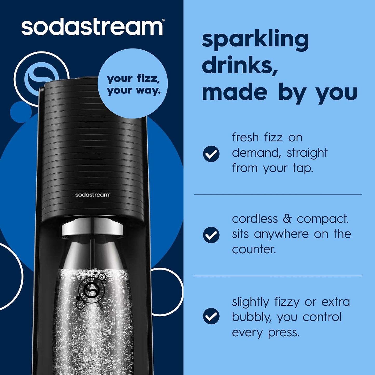 SodaStream TERRA Sparkling Water Maker, Value Bundle, CQC CO2 System, Includes 2 Quick Connect 60L CO2 Cylinders, 3 Dishwasher Safe BPA Free Bottles, 2 bubly Flavor Drops, Make your own Pepsi, Black