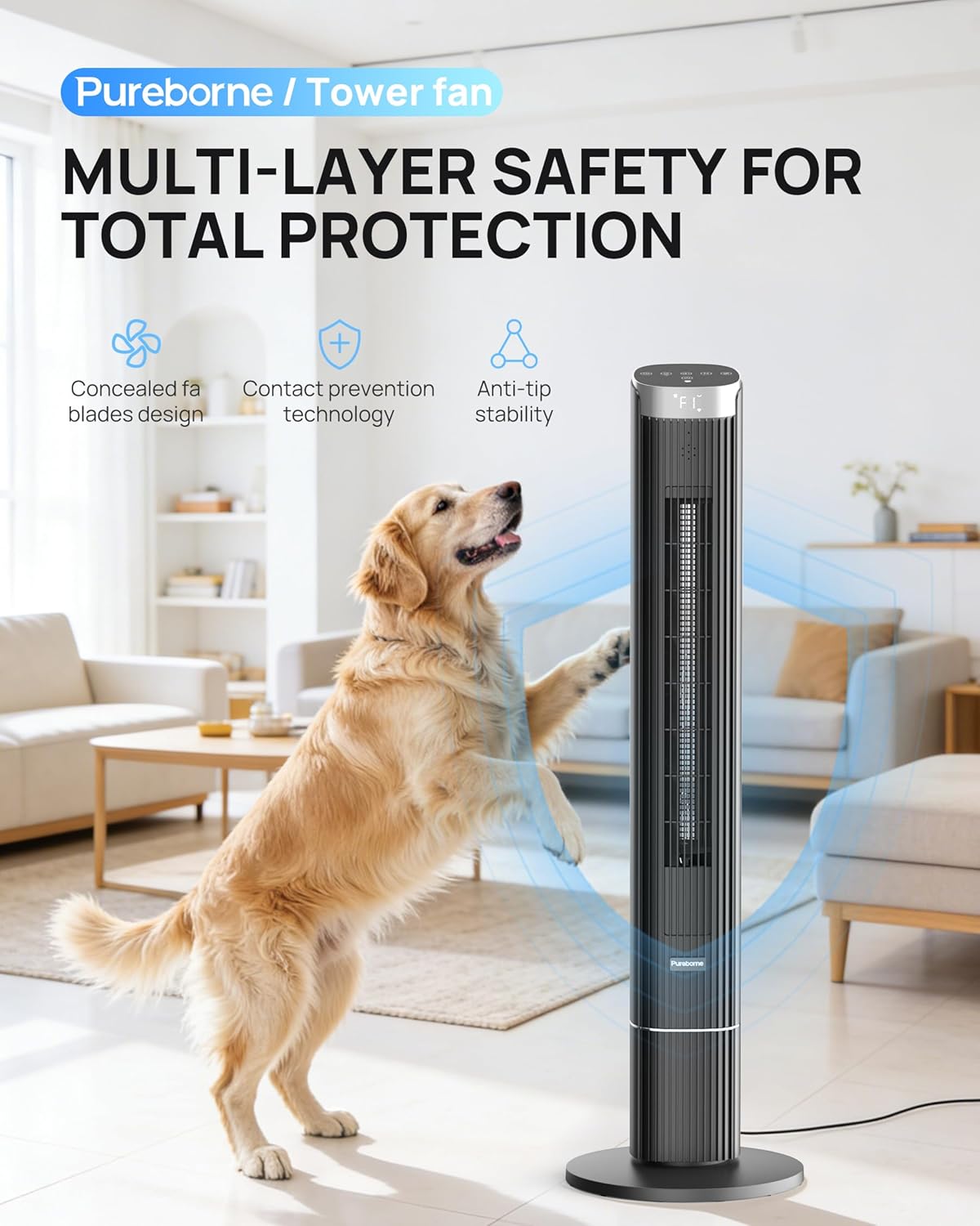 Tower Fan for Home Bedroom, 25dB Ultra-Quiet Sleep Mode, 25ft/s Smart Standing Fans, 90° Oscillating Floor Fan, Works with WiFi Voice Control, 4 Speeds 4 Modes, 12H Timer, 42” Black, 1 Pack