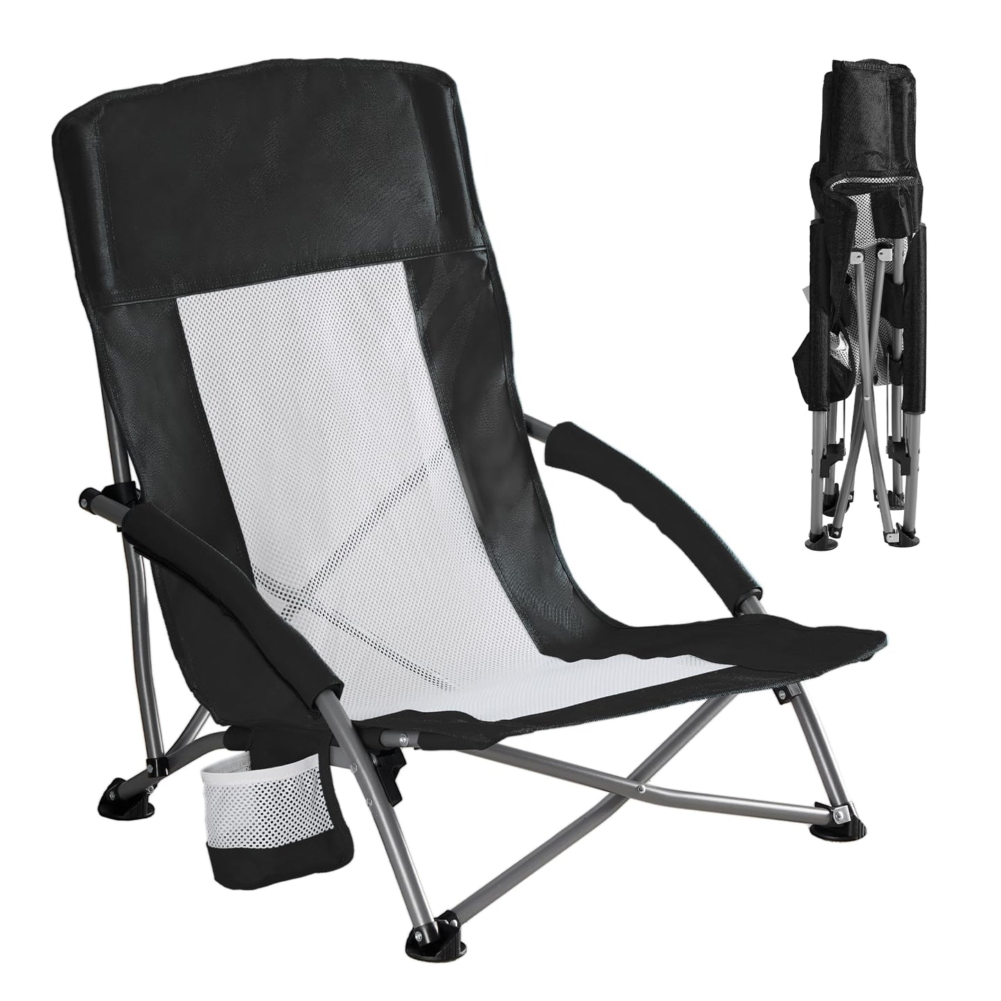 DUMOS Folding Camping Beach Chair, Lightweight Low Portable Beach Chair with Cup Holder, Storage Pocket, Breeze Mesh Back, Padded Armrests, Low Profile Chair for Camp, Picnic, Lawn, Sand, Black
