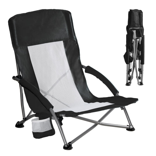 DUMOS Folding Camping Beach Chair, Lightweight Low Portable Beach Chair with Cup Holder, Storage Pocket, Breeze Mesh Back, Padded Armrests, Low Profile Chair for Camp, Picnic, Lawn, Sand, Black