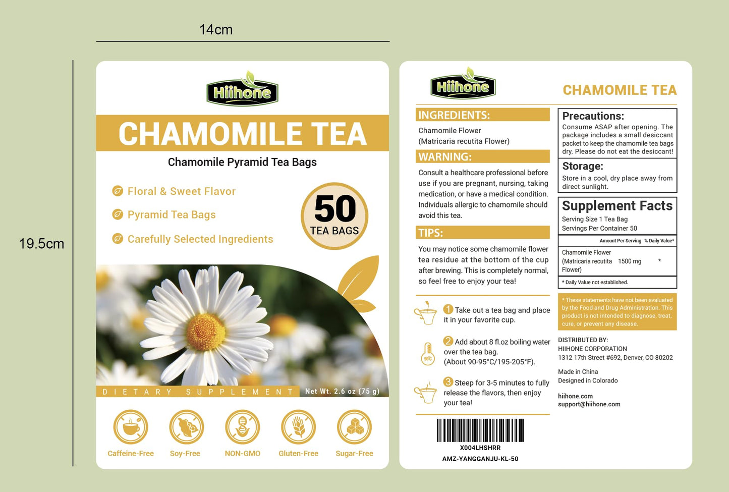 Chamomile Tea Bags, Chamomile Flower Herbal Tea - Sugar-Free, Caffeine-Free, 50 Teabags