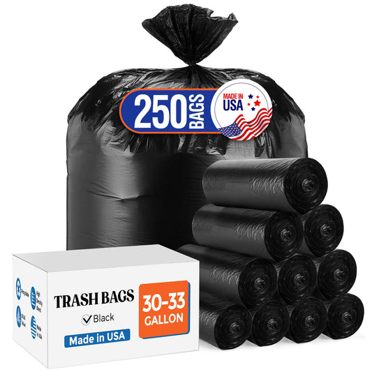 Delxo 30-33 Gallon Trash Bags, 250 Count – Medium Duty Garbage Bags, Thick, Durable & Puncture-Resistant Plastic Bolsas para basura, Perforated Design– Made in USA for Kitchen, Yard, Office (Black)