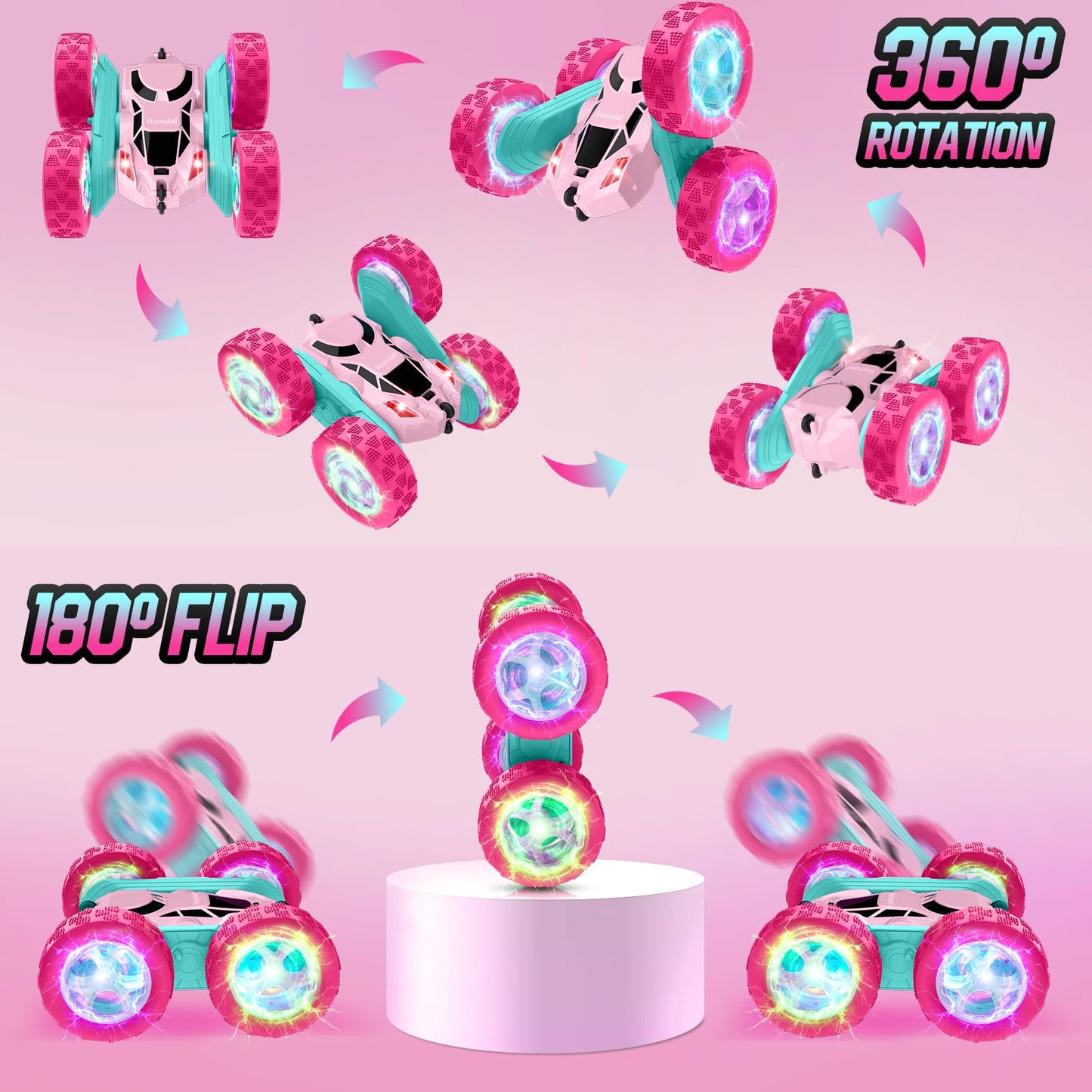 Hamdol Pink Remote Control Car for Girls, Double Sided with Shining Headlights & Wheel Lights, Girl Princess Toys, Rechargeable Toy Car for 6-7 6-8 9 10-12 Year Old Girls Birthday, Valentines Gift