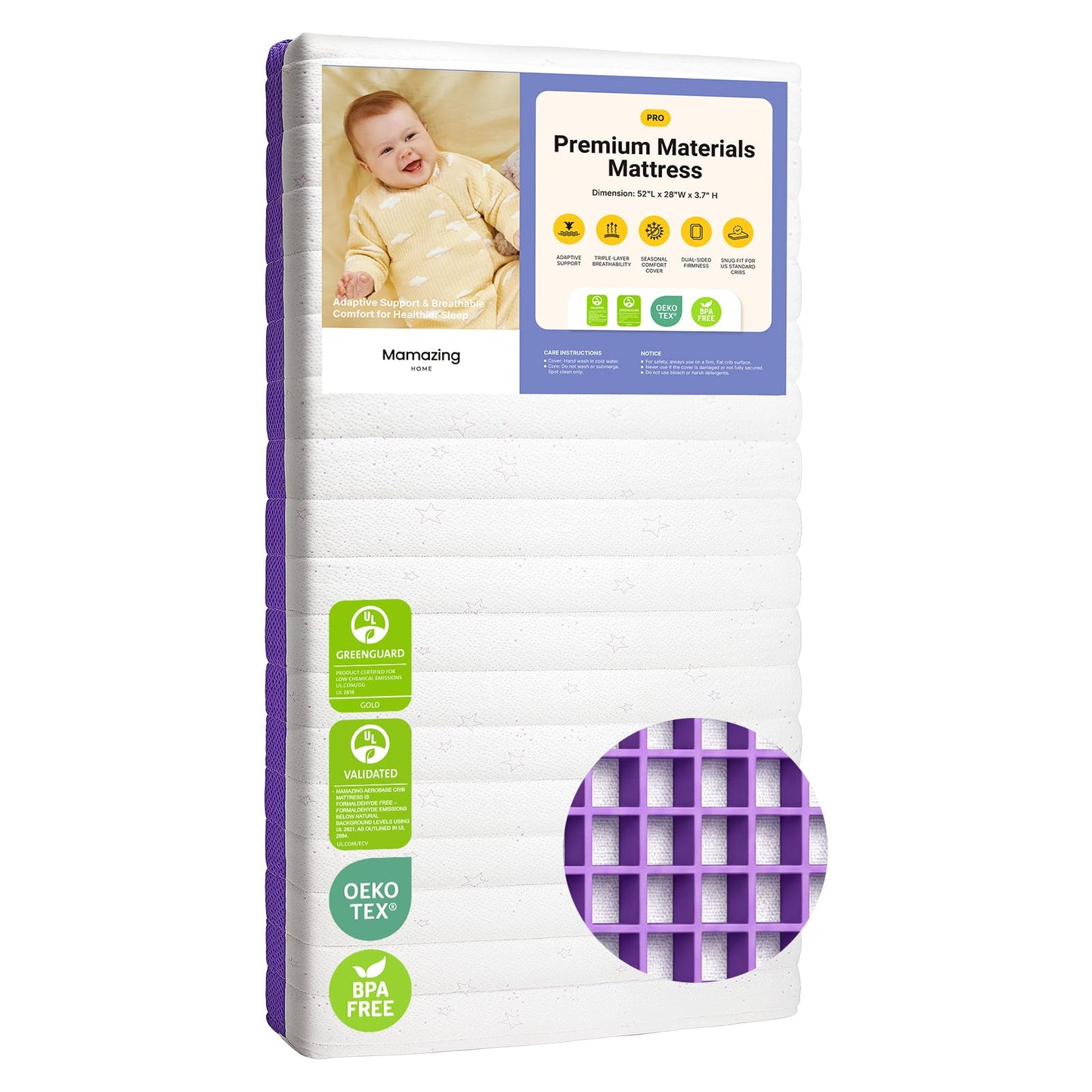 MAMAZING Aerobase Pro Crib Mattress, Dual-Core Spine Support & Breathable Design, PCM Temperature Regulation, Washable Infant & Toddler Mattress, Fits Standard Crib & Toddler Bed (52 x 28 x 3.7 in)