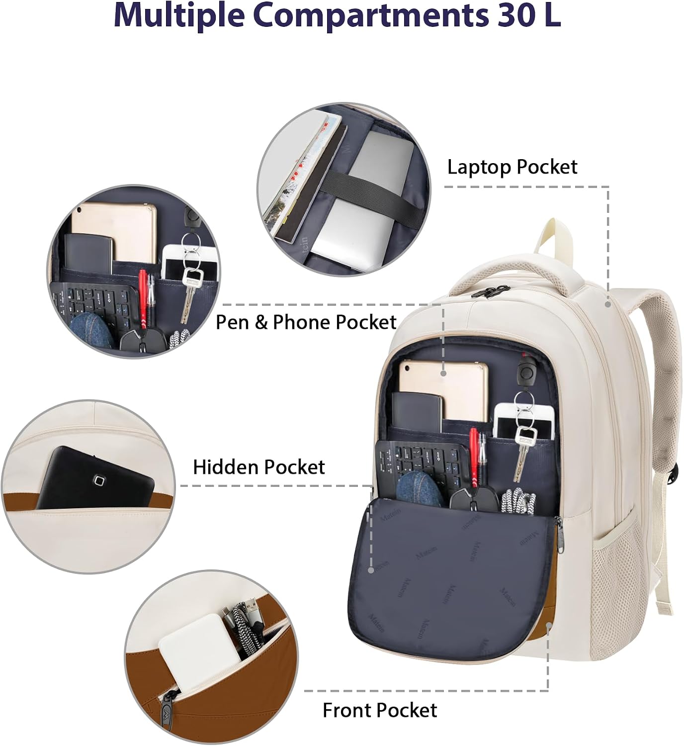 MATEIN Work Backpack for Women 17.3 In Laptop, Water Resistant Business Bag | Computer Backpack Fits 17" Notebook, TSA Approved Travel Back Pack with Multiple Pockets, Spacious Commute Bag, Beige Brown