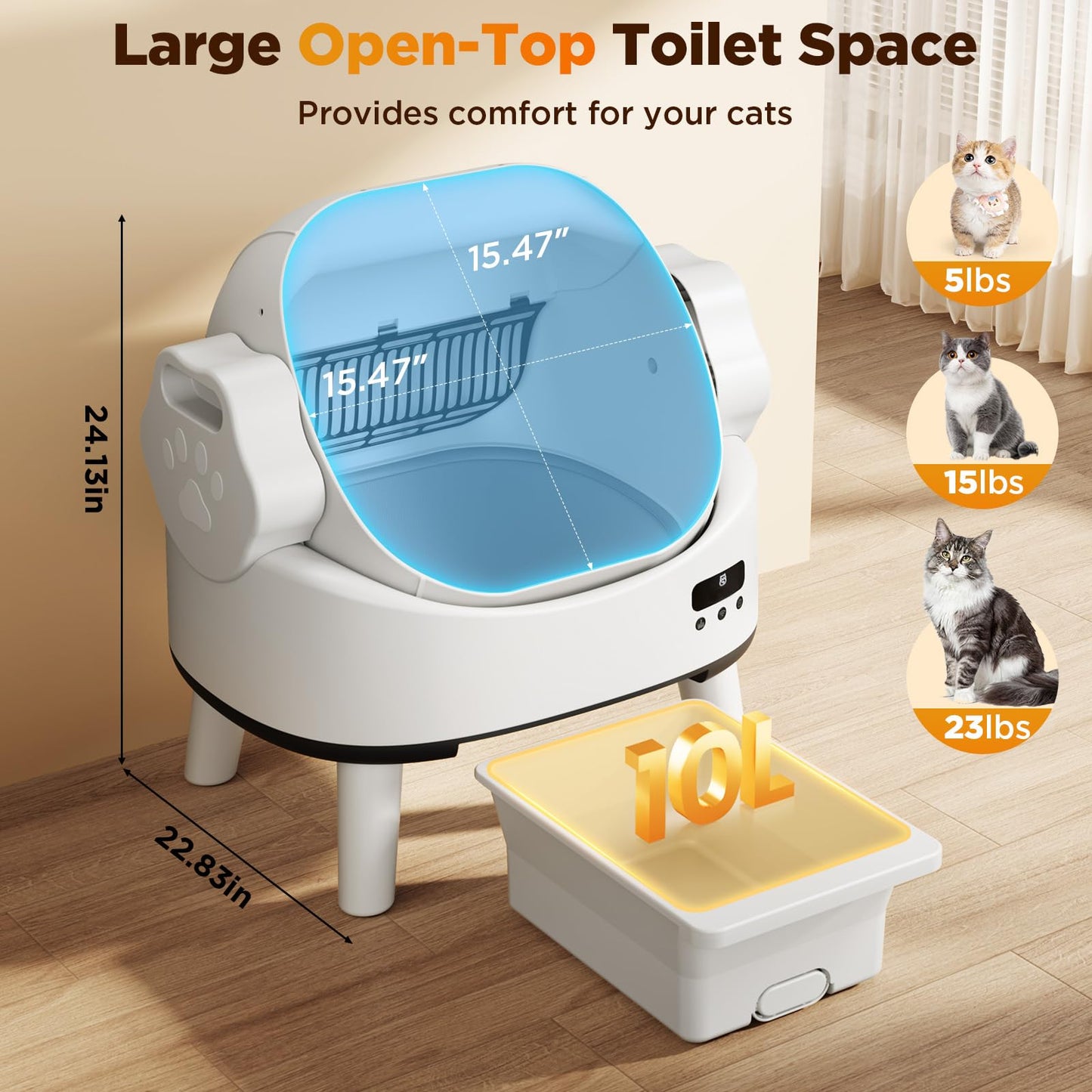 Linvivon Self Cleaning Cat Litter Box for Multiple Cats, Open-Top Automatic Litter Box, App Control, Safety Sensors, Hands-Free Large Capacity 10L Waste Bin, Ultra-Quiet