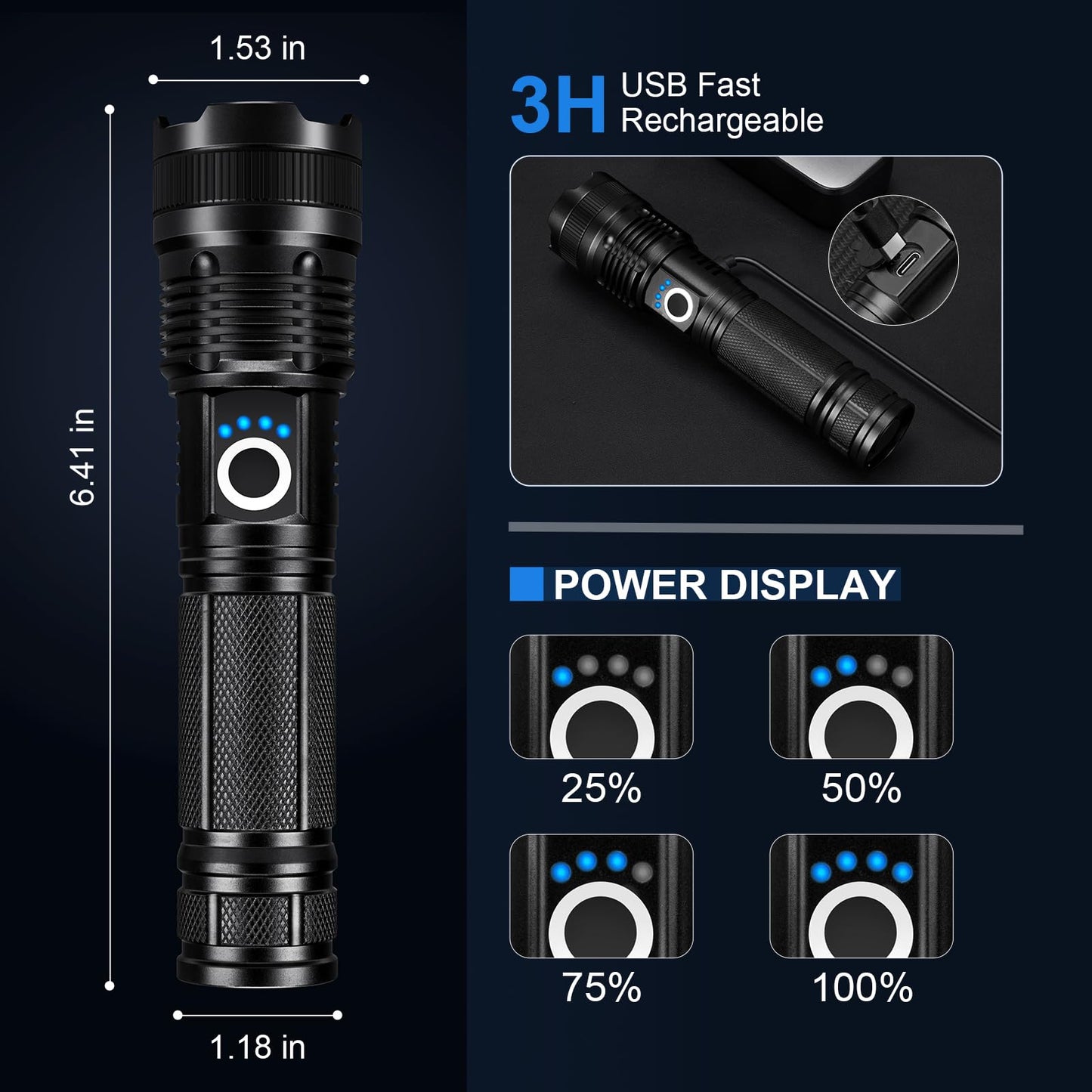 3 Pack Rechargeable Flashlights High Lumens, 99000LM Super Bright LED Flashlight, Adjustable Powerful Flash Light with 5 Modes & USB Cable, Waterproof Handheld Flashlight for Home Camping Outdoor