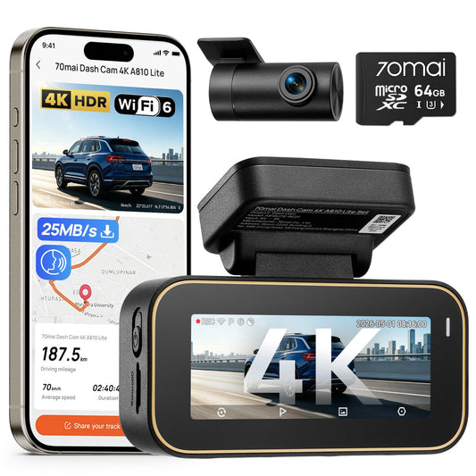 70mai A810 Lite 4K Dash Cam Front and Rear, 5GHz Wi-Fi 6 DashCam, Car Camera 4G LTE Remote Access, GPS Tracking, HDR Night Vision, 24H Parking Mode, Voice Control, Emergency Lock, Loop Recording