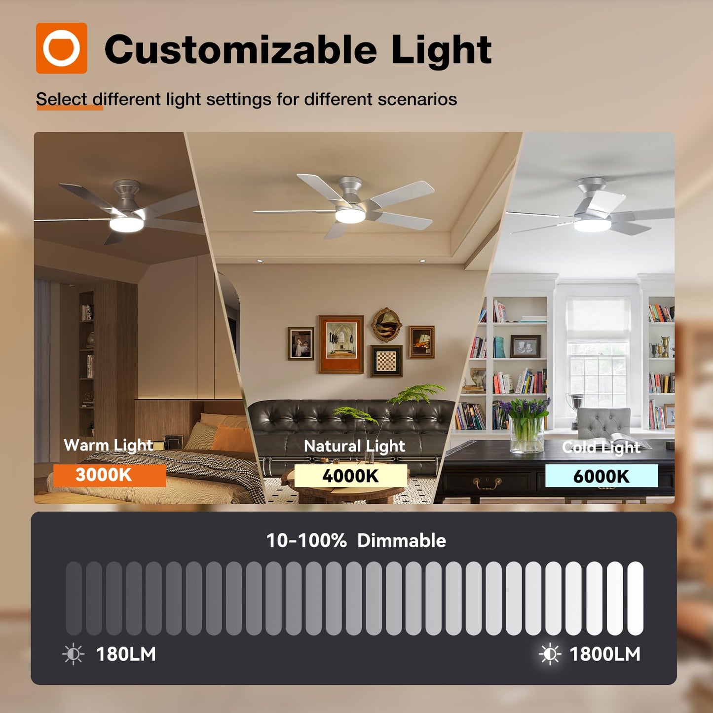 addlon Ceiling Fans with Lights, 52 Inch Low Profile Ceiling Fan with Light and Remote Control, Flush Mount, Reversible, 3CCT, Dimmable, Quiet, Silver Ceiling Fan for Bedroom Indoor/Outdoor Use