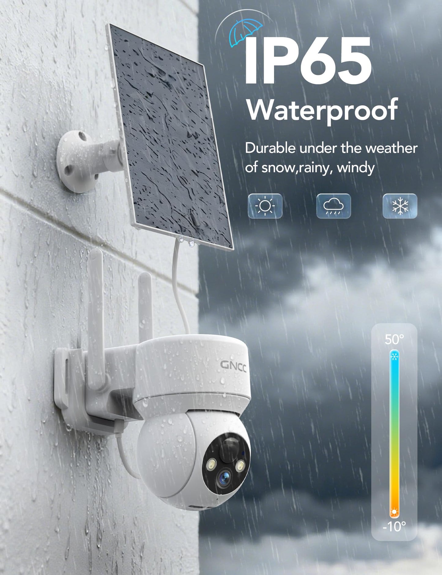 GNCC Solar Security Cameras Wireless Outdoor 2.4G WiFi, 360° View, Solar/Battery Powered, AI Human Detection, Color Night Vision, 2-Way Audio, Spotlight Siren Alarm, IP65 Waterproof, SD/Cloud Storage