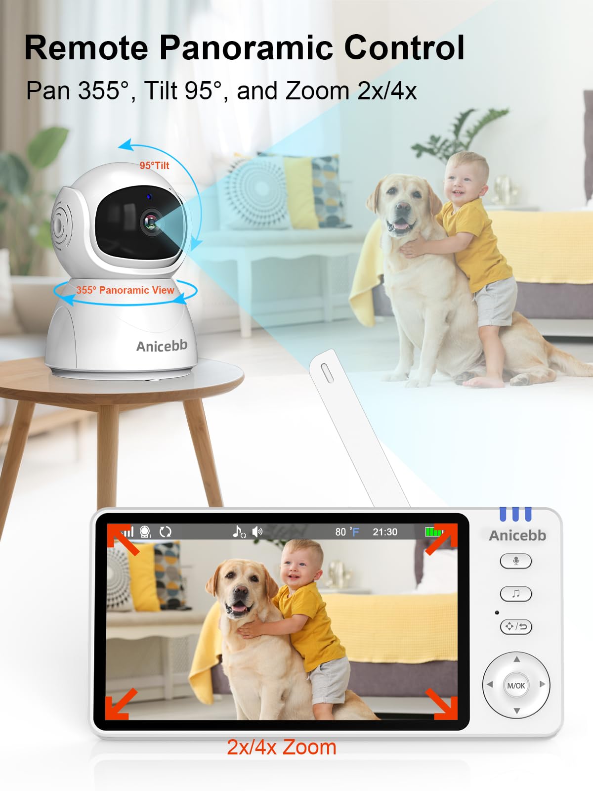 Anicebb 5" HD Video Baby Monitor with Camera and Audio, No WiFi Hack-Proof Security, Remote Pan-Tilt-Zoom, 100-Hour Battery Life in VOX Mode, 1000ft Range, Night Vision, Temperature & Cry Alerts