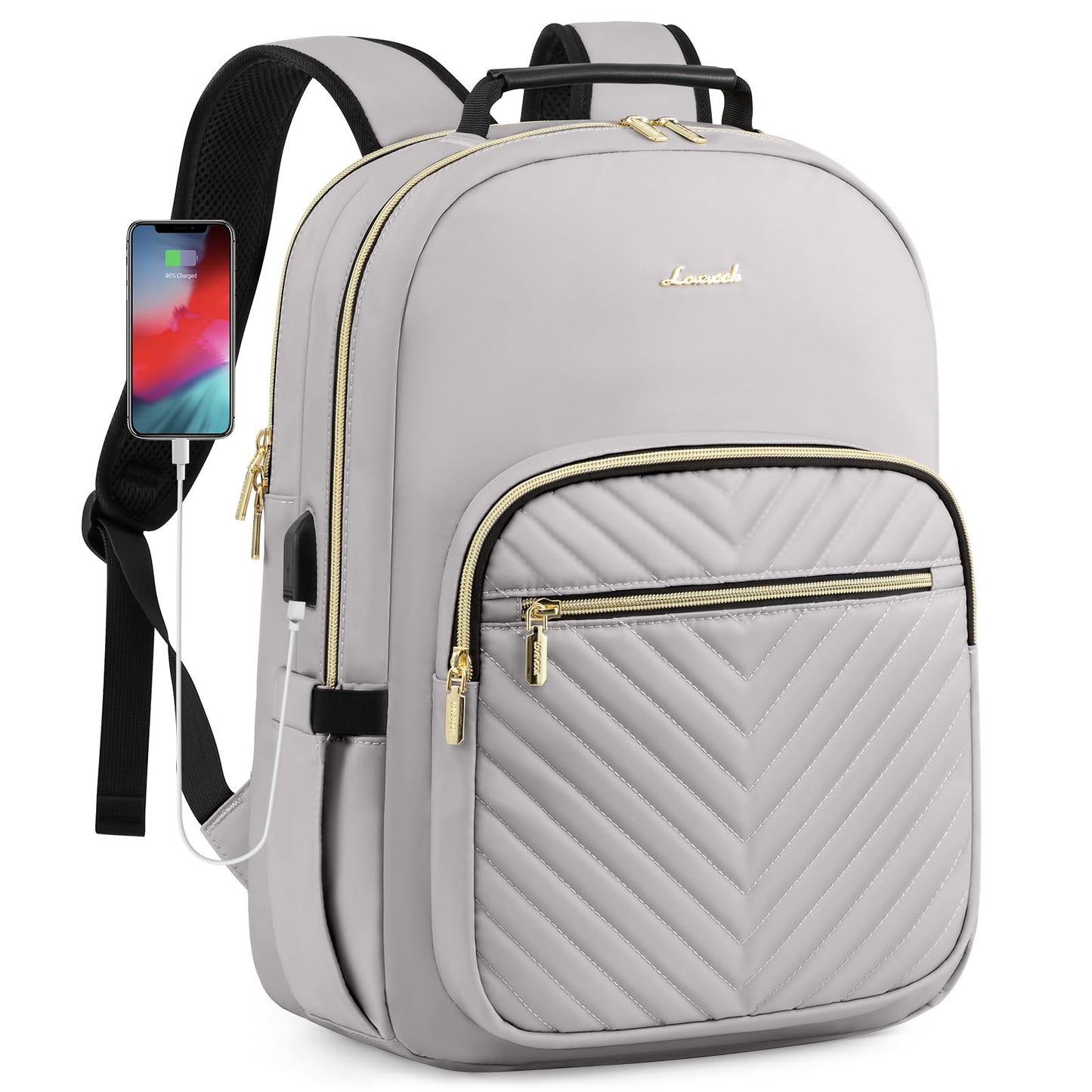 LOVEVOOK Laptop Backpack Purse for Women, Work Travel Computer Bags, College School Backpack for Student Girl, Quilted Casual Daypack with USB Port, Fit 15.6 Inch Laptop, Beige White