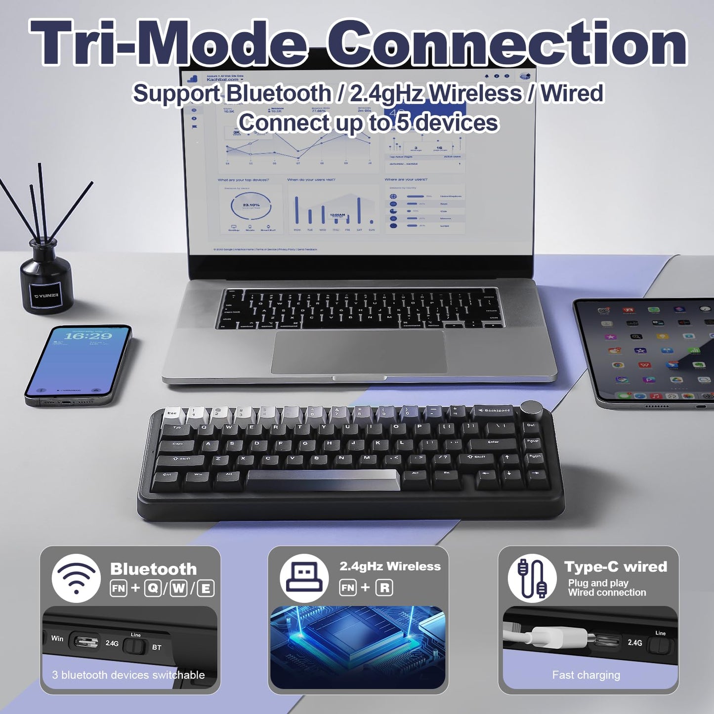 YUNZII B68 Wireless Mechanical Keyboard,Tri-Mode BT5.0/2.4GHz/USB-C,Cute PBT Keycaps,Hot Swappable Creamy Typing Gasket Mounted,RGB Backlit NKRO for Win/Mac (Black, Milk V2 Switch)