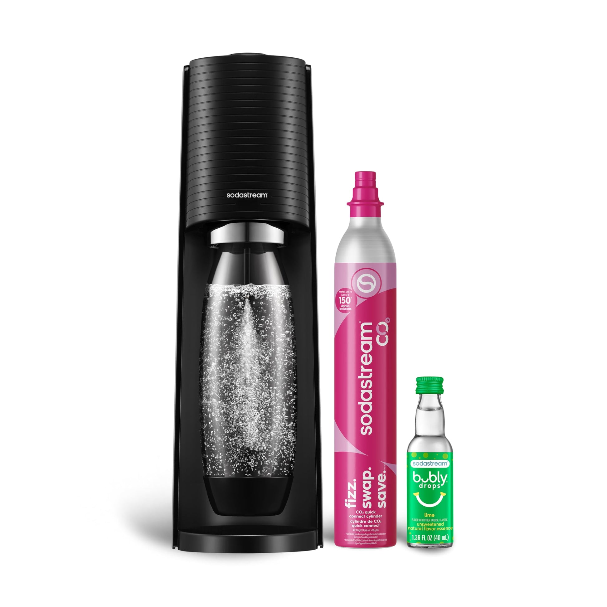 SodaStream TERRA Sparkling Water Maker, Value Bundle, CQC CO2 System, Includes 2 Quick Connect 60L CO2 Cylinders, 3 Dishwasher Safe BPA Free Bottles, 2 bubly Flavor Drops, Make your own Pepsi, Black
