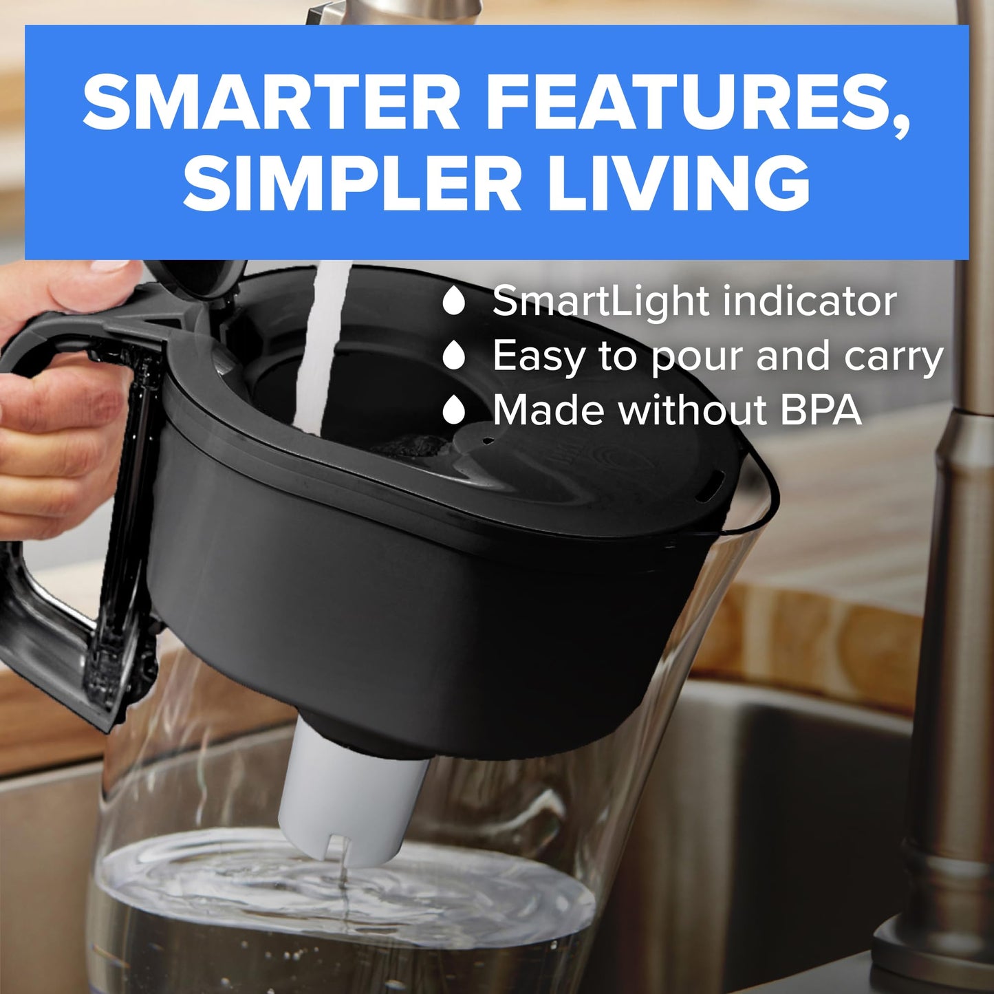 Brita Large 10-Cup Water Filter Pitcher with BritaPlus Filter, WQA NSF/ANSI Certified, Reduces 2X Contaminants vs. Standard, Removes Chlorine Taste & Odor, Reduces Zinc Copper Mercury, Stone Blue