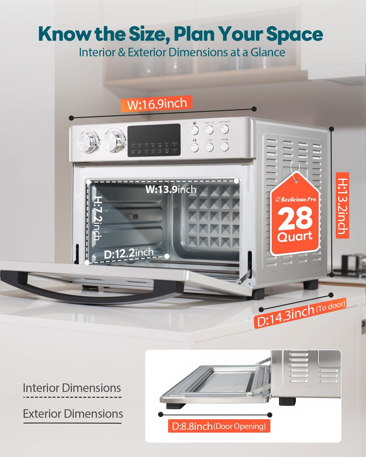 28QT Air Fryer Toaster Oven Combo, Large 12-in-1 Convection Countertop Oven with Next-Gen HeatWave Convection, 3-Layer Cooking, Rotisserie for Chicken, Fits 11" Pizza, All Accessories, Stainless Steel