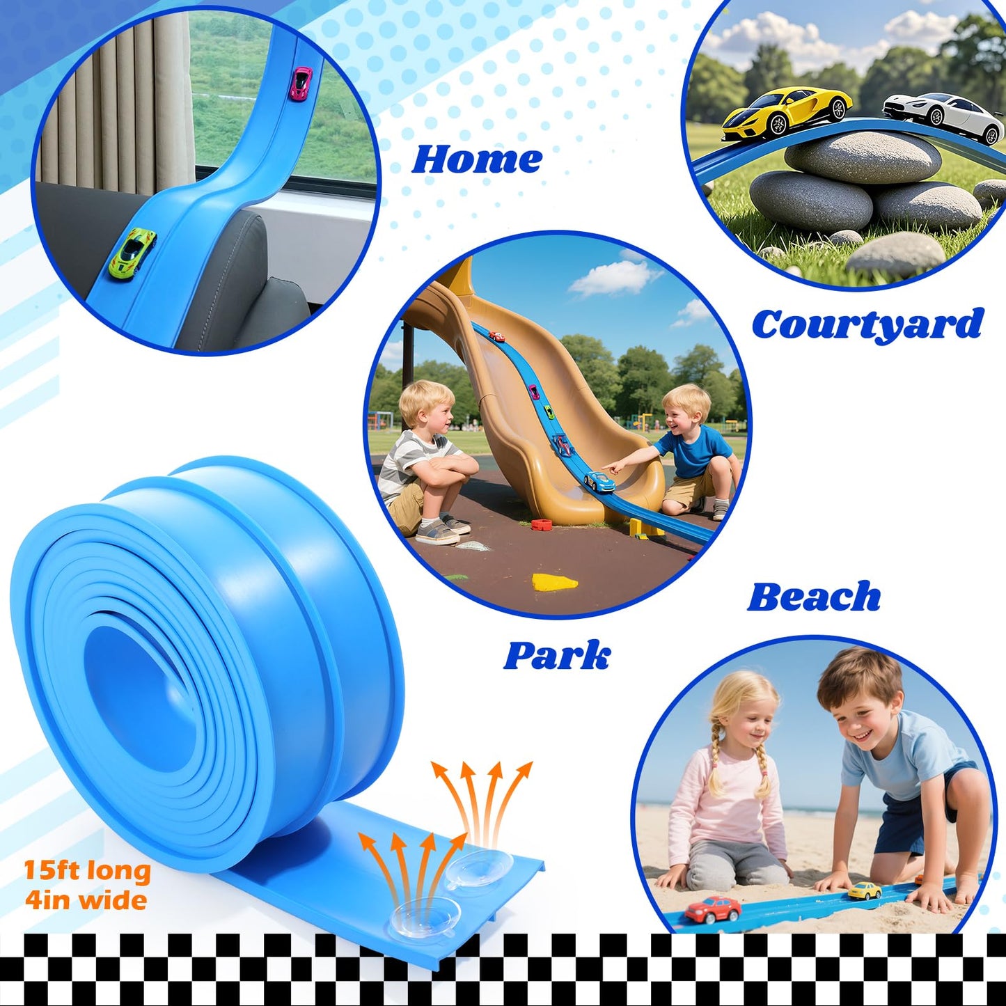 Flexible Race Track Toys for Kids: 15 Ft Flex Race Car Ramp Track with Suction Cups - Rolls Up Portable DIY Racetrack Compatible with Diecast 1/64th Cars Model - Birthday Gifts for Boys Girls Ages 3+