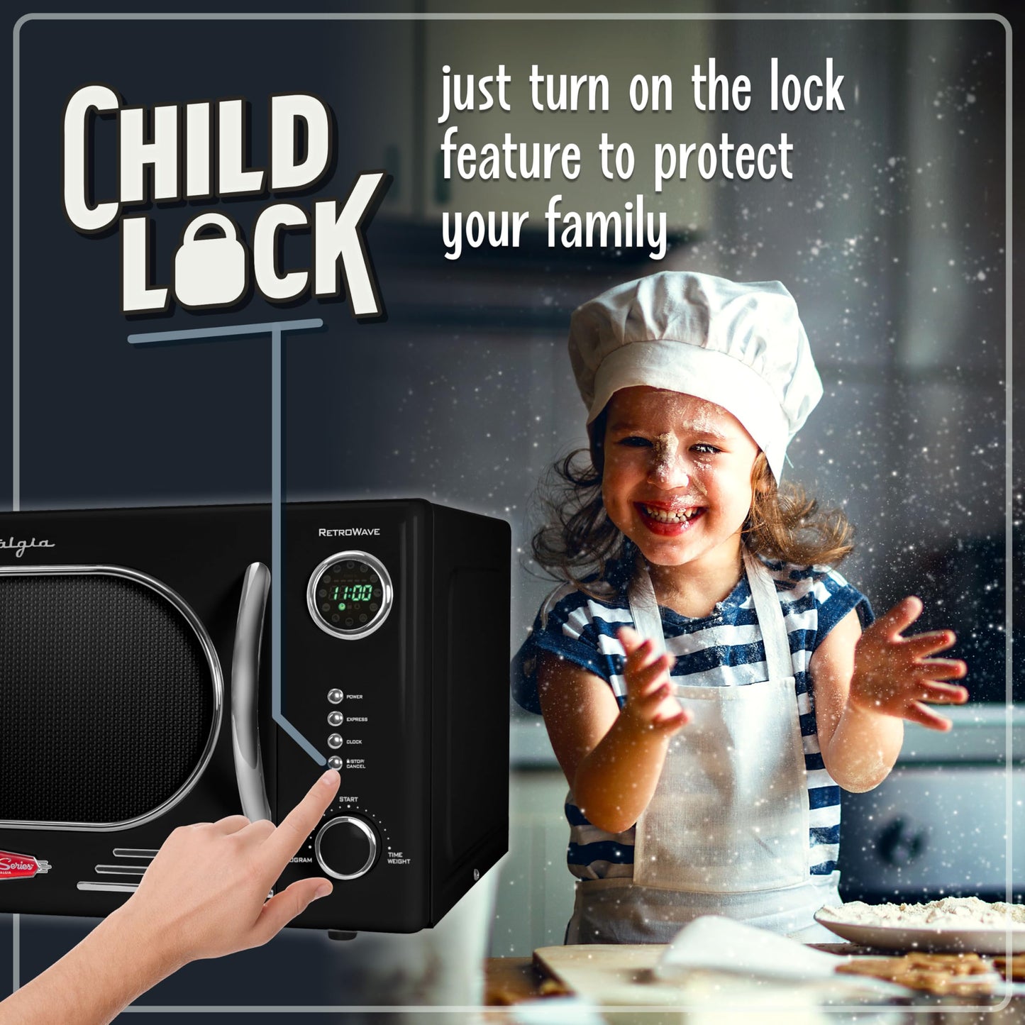 Nostalgia NRMO11BK6A 1000 Watt Power Retro Countertop Microwave Oven Easy to Clean with Removable Glass Turntable-Child Safety Lock-12 Programs-Digital Clock, 1.1 Cu Ft, Black