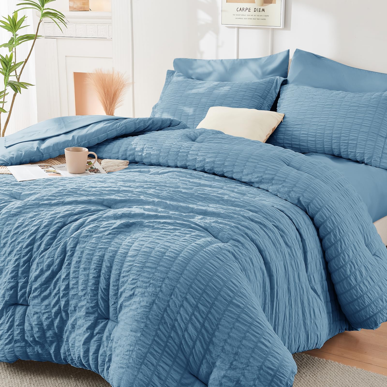 HYMOKEGE Black California King Comforter Set Seersucker 7 Pieces, All Season Luxury Bed in a Bag for Bedroom, Bedding Set with Comforters, Sheets, Pillowcases & Shams