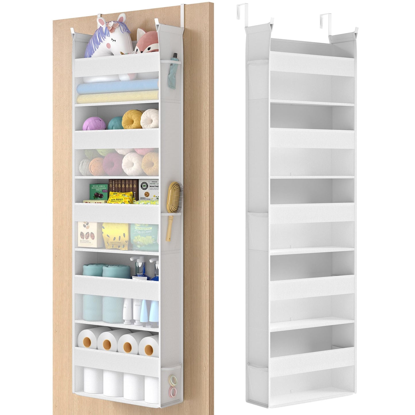 SONGMICS Over The Door Organizer, Hanging Door Organizer with 5 Large Pockets, 5-Tier Fabric Storage, Transparent Nylon Mesh, Foldable, Metal Hooks, with Side Pouches, Cloud White URDH007W01