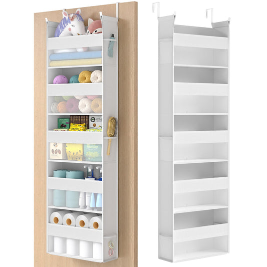 SONGMICS Over The Door Organizer, Hanging Door Organizer with 5 Large Pockets, 5-Tier Fabric Storage, Transparent Nylon Mesh, Foldable, Metal Hooks, with Side Pouches, Cloud White URDH007W01