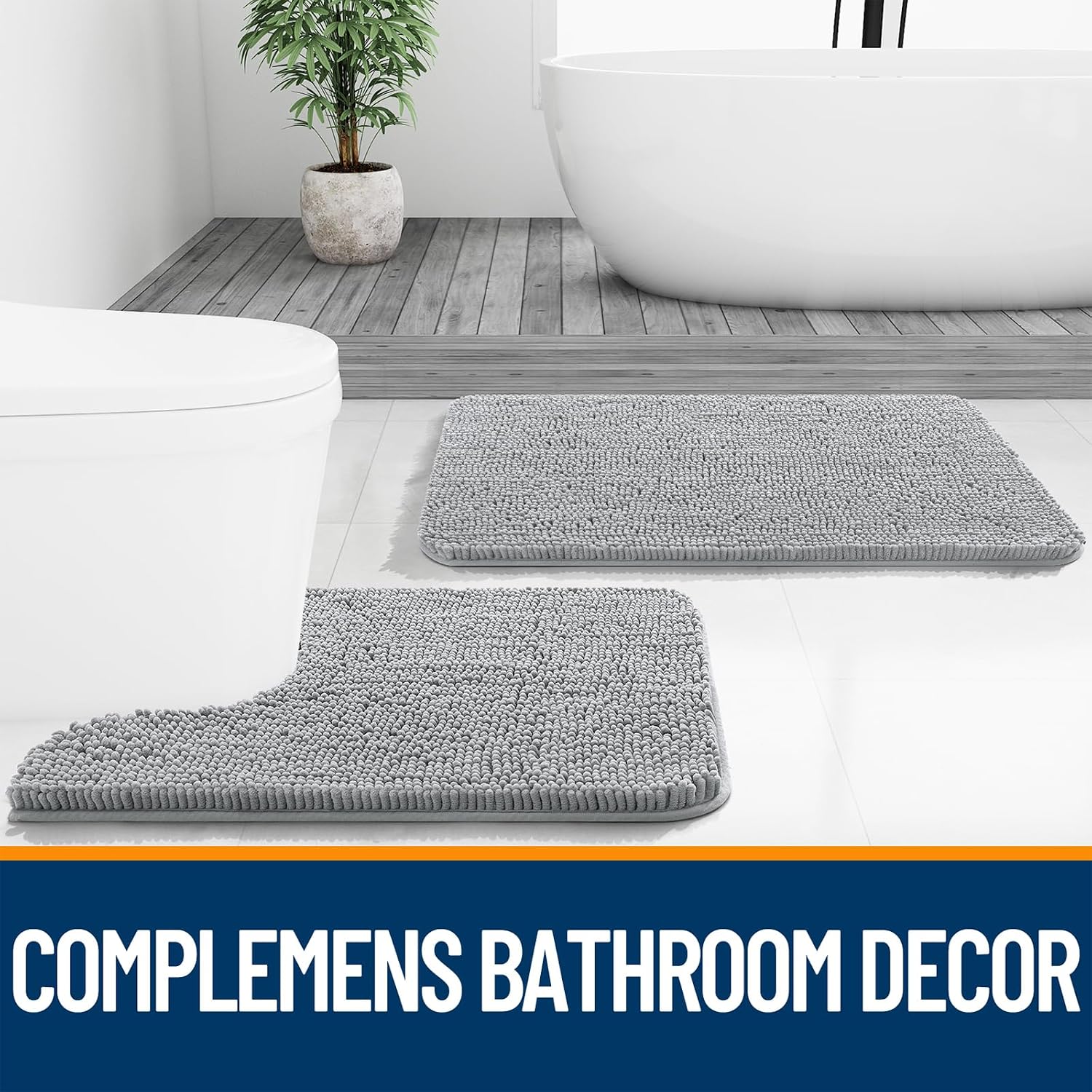 OLANLY Toilet Rugs U-Shaped 24x20, Extra Soft Absorbent Chenille Contour Bathroom Rugs for Toilet, Dry Quickly, Machine Washable, Non-Slip Bath Mat, Light Grey