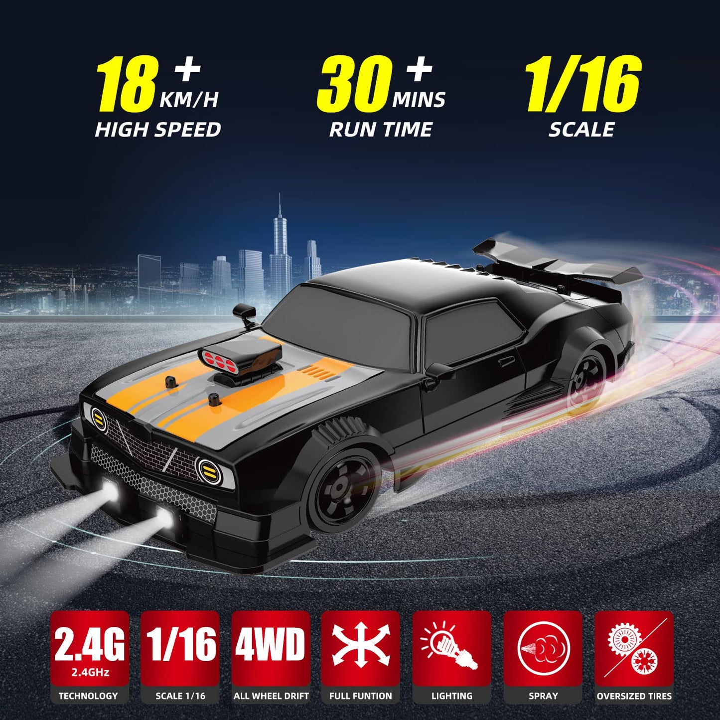 Sakeye RC Drift Car 1/16 2.4GHz 4WD Remote Control Cars, Rechargeable High Speed Drifting RC Cars with Spray, Cool Lights and Extra Tires Toy Car for Kids