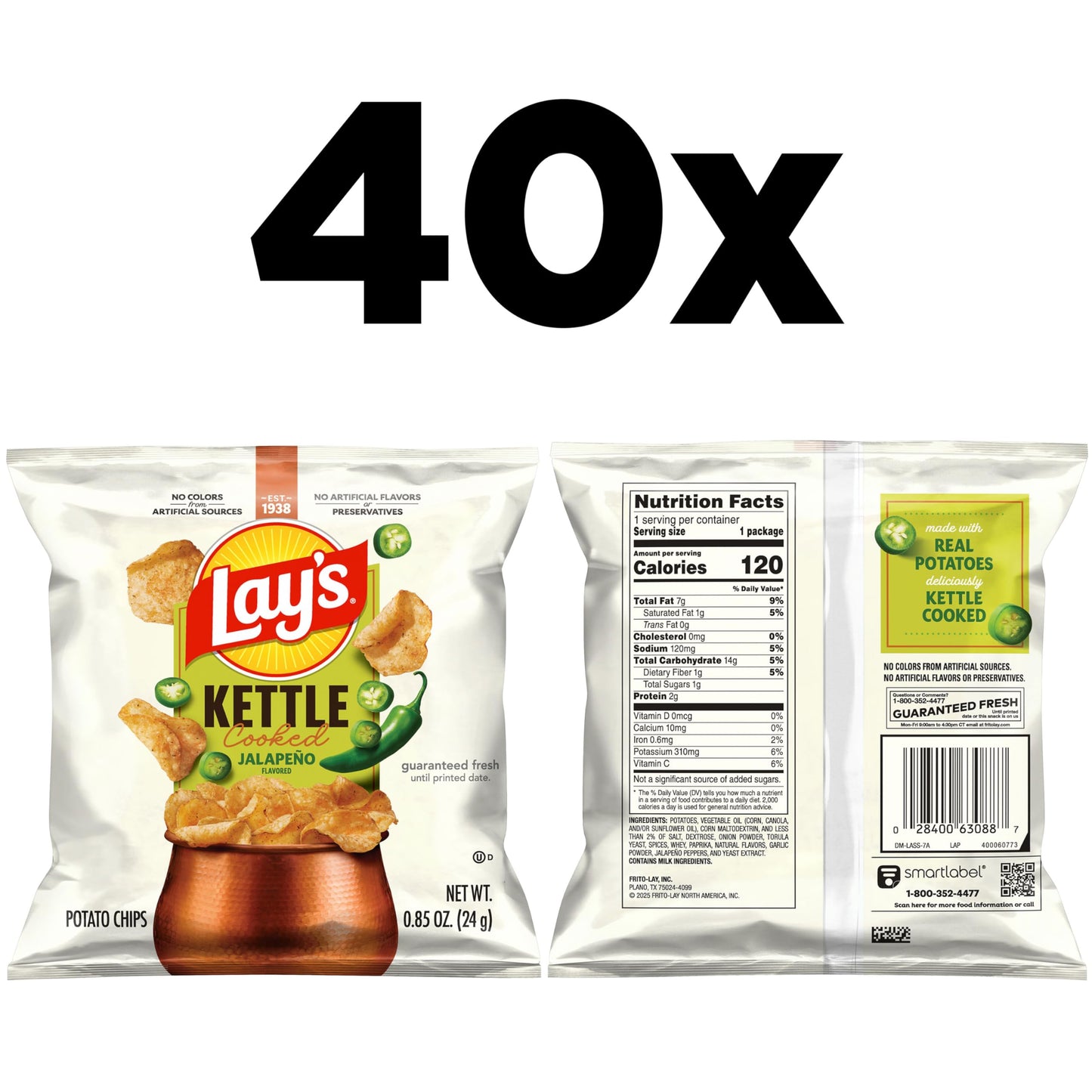 Lay's Kettle Cooked Potato Chips, Jalapeno, 0.85 Ounce (Pack of 40)
