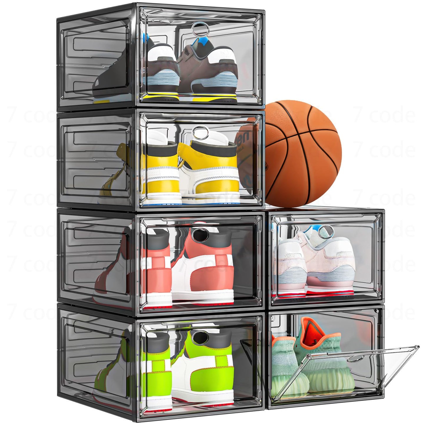 7 code Large Clear Shoe Boxes Organizer【Thicker Material】 Stronger Shoe Box with Magnetic Door, Stackable Shoe Storage Box for Closet, Foldable Space-Saving Storage Bins Shoe Cabinet, Black 9-Pack