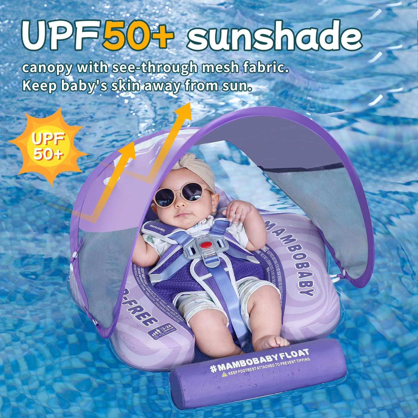 Mambobaby Float with Canopy Size Improved Non Inflatable Infant Pool Float Smart Mambo Float Swim Trainer Add Tail Baby Swim Float Mambo Baby Float Solid Air Free Water Waist Swimming Ring