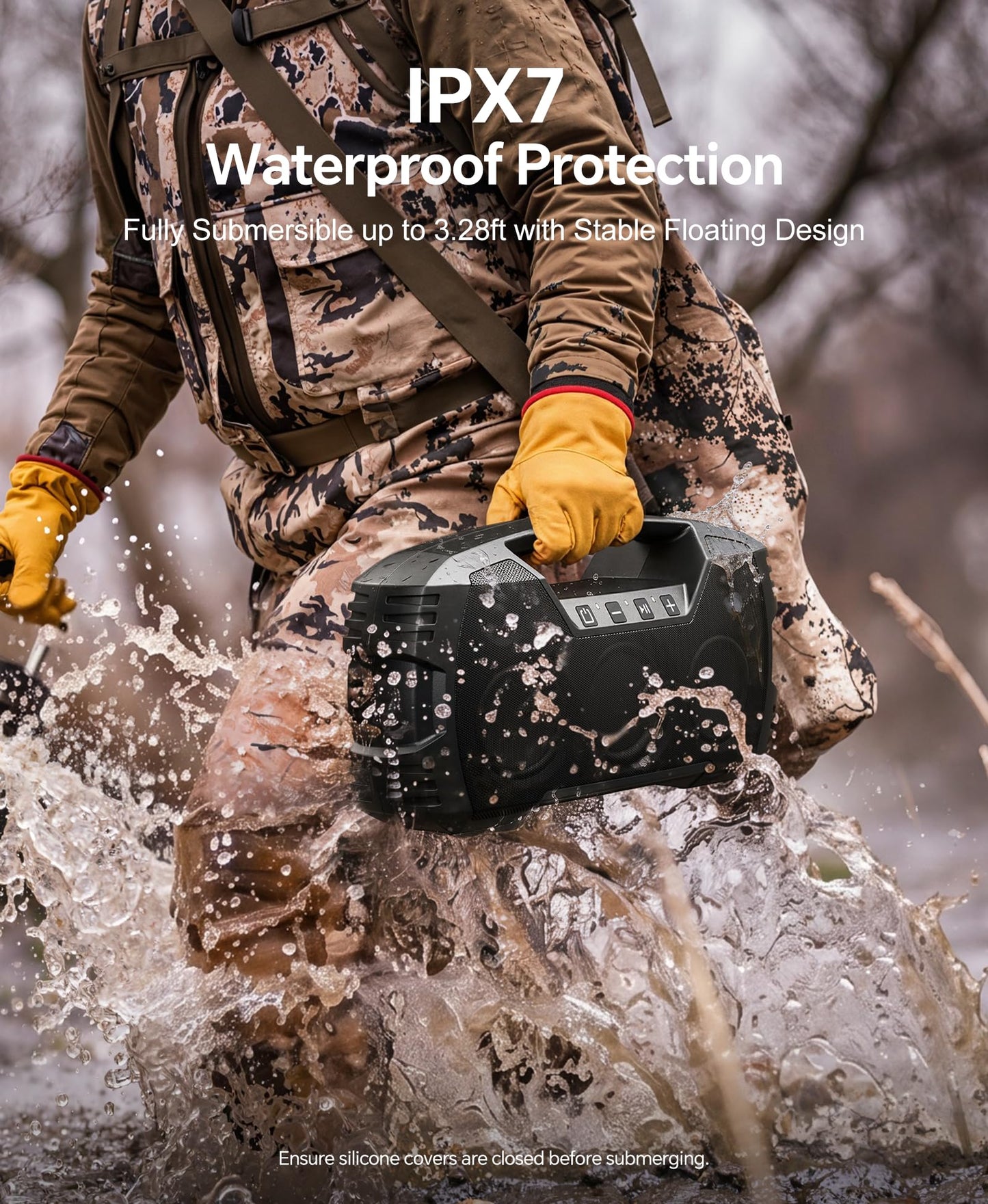 IPX7 Waterproof Outdoor Bluetooth Speaker, Wireless, 90W(Peak), 32H Playtime, Floating Design, Deep Bass & Loud Stereo Sound, Portable with Handle, Rugged for Pool, Beach, Kayaking, Hiking, Black