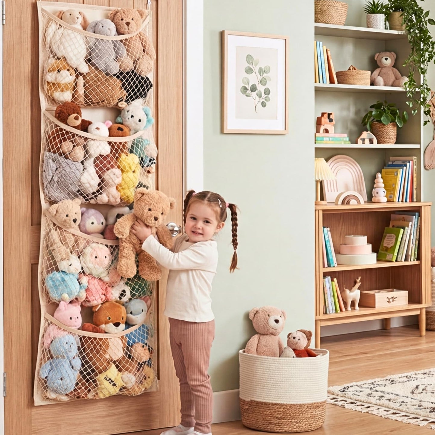 Over The Door Stuffed Animal Storage, Cotton Toy Organizer for Storage Plush Toys,Baby Supplies, Stuffed Animal Holder with 4 Large Pockets, Hanging Door Organizer for Nursery, Bedroom, Kids Room